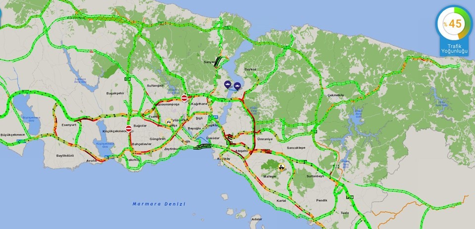 İstanbul'da yol durumu ve trafik yoğunluk haritası