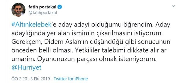 Fatih Portakal da Altın Kelebek adaylığından çekildi!