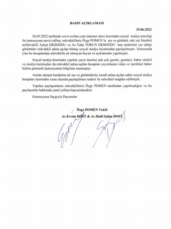 ÖZGE POMEN'DEN BASIN AÇIKLAMASI