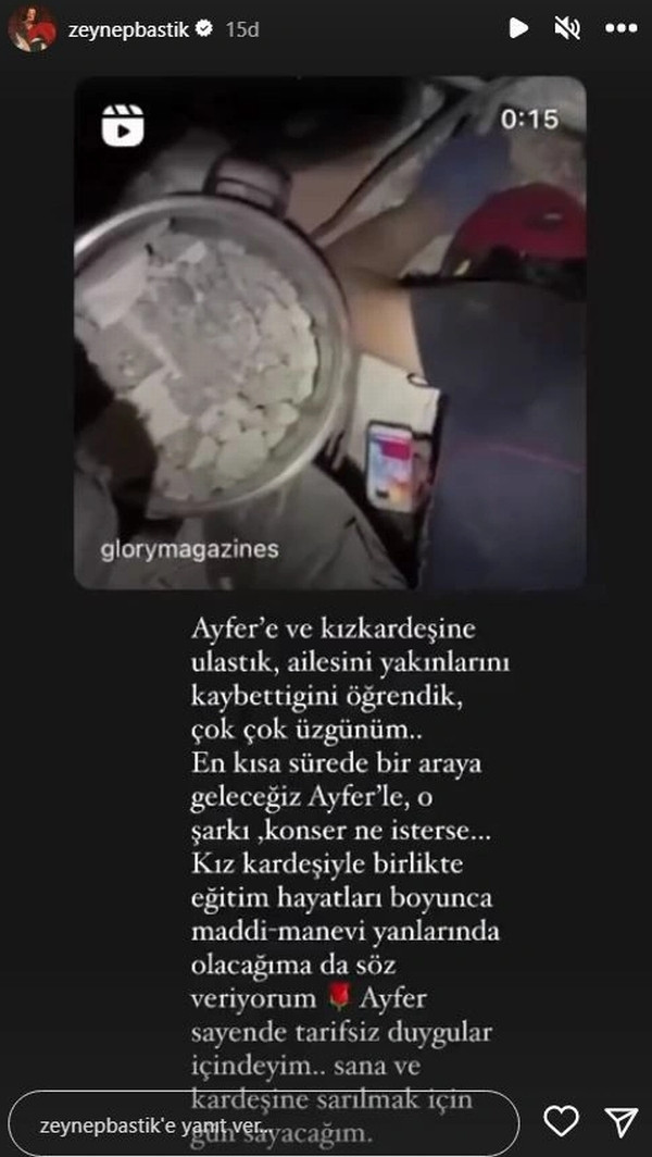 Zeynep Bastık'tan enkaz altında şarkısını isteyen Ayfer'e destek