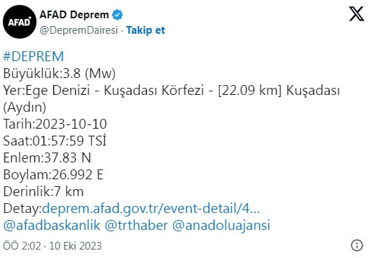 Kuşadası Körfezi'nde deprem meydana geldi