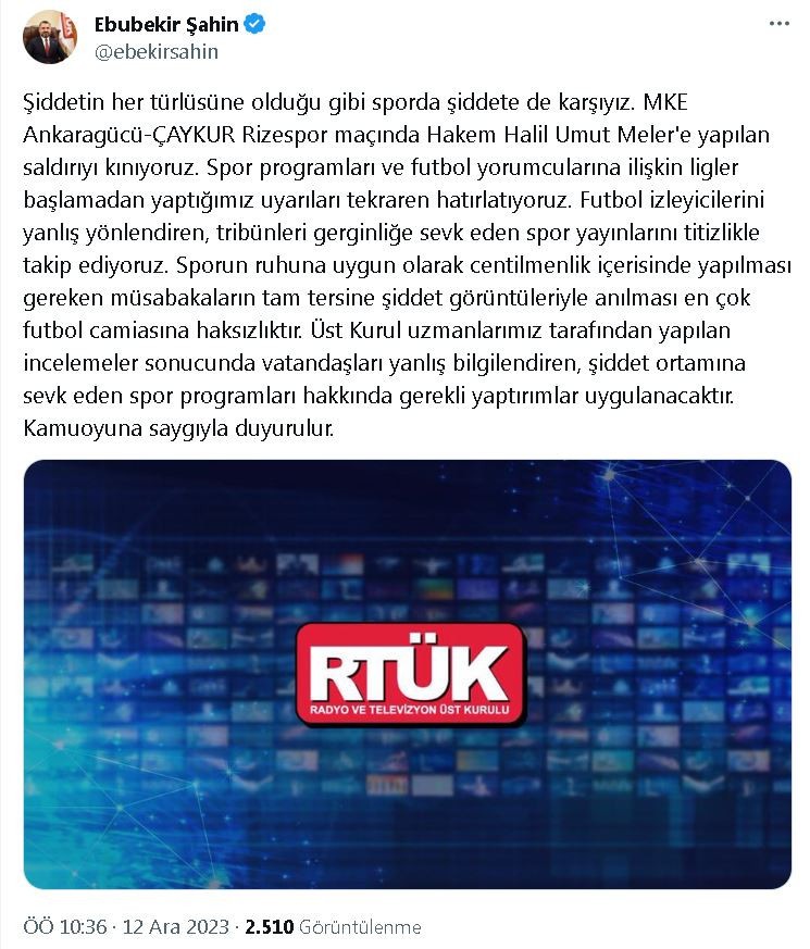 RTÜK Başkanı Şahin: "Şiddete sevk eden spor programlarına yaptırım uygulanacak"