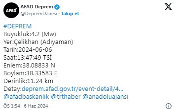 Adıyaman'da 4.2 büyüklüğünde deprem oldu