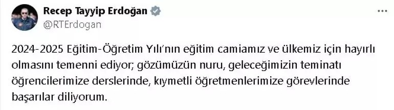Cumhurbaşkanı Erdoğan'dan yeni eğitim yılı mesajı