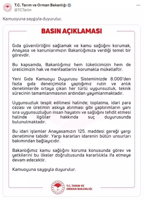 Bakanlıktan 'gıda denetimi' açıklaması