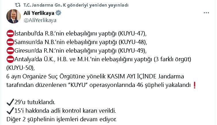 Bakan Yerlikaya: 'Kuyu' operasyonunda 46 şüpheli yakalandı, 29'u tutuklandı