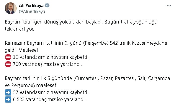 Bayram tatilinin ilk 6 günündeki kazalarda 57 kişi hayatını kaybetti