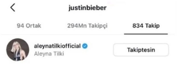 Justin Bieber, Aleyna Tilki'yi takibe aldı