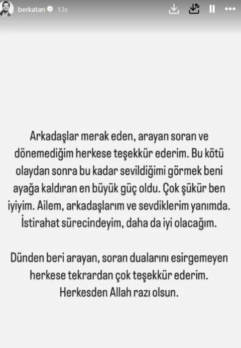 Trafik kazası geçiren Berk Atan'dan paylaşım