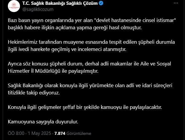 Bakanlıktan, 'devlet hastanesinde cinsel istismar' iddiasına ilişkin açıklama