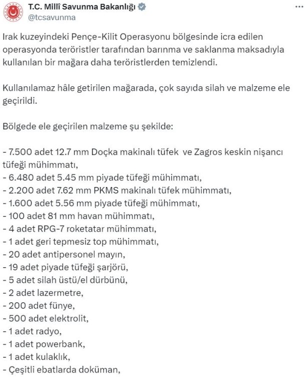 MSB: "Pençe-Kilit bölgesinde, mağarada silah ve mühimmat ele geçirildi"