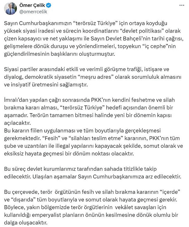 AK Parti Sözcüsü Çelik: "Silah bırakma kararı 'Terörsüz Türkiye' hedefi için önemli bir aşamadır"