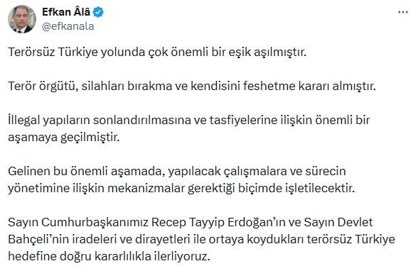 Efkan Ala: "Terörsüz Türkiye yolunda çok önemli bir eşik aşılmıştır"
