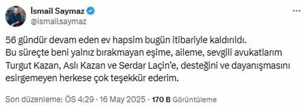 Ev hapsindeki İsmail Saymaz hakkında yeni karar
