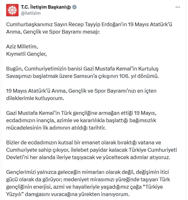 Cumhurbaşkanı Erdoğan'dan '19 Mayıs' mesajı