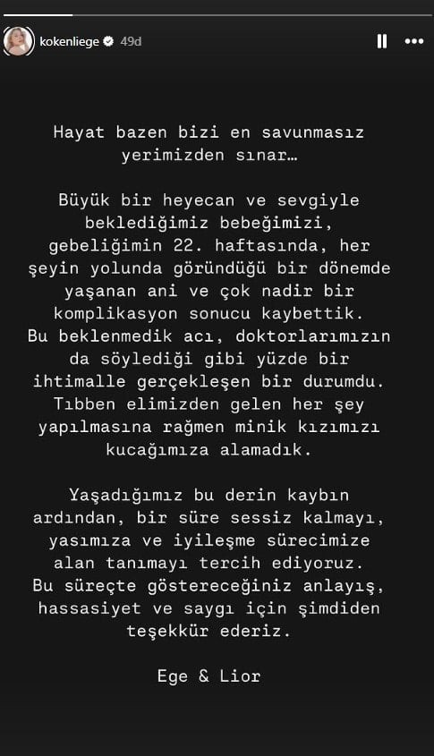 Ege Kökenli bebeğini kaybettiğini duyurdu