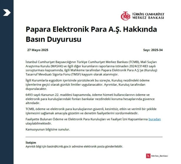 Merkez Bankası'ndan son dakika açıklaması! Papara'ya kayyım atandı