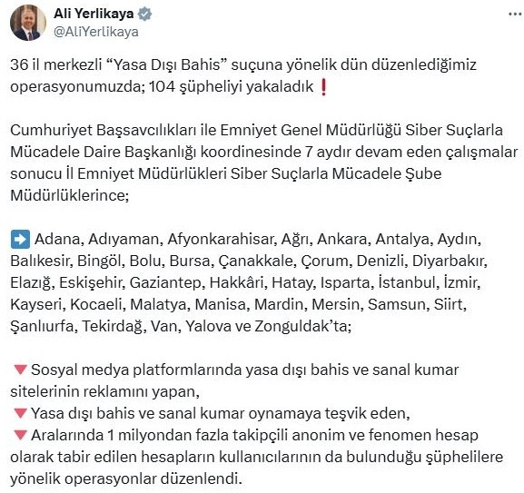 36 ilde 'Yasa dışı bahis' operasyonu: 104 gözaltı