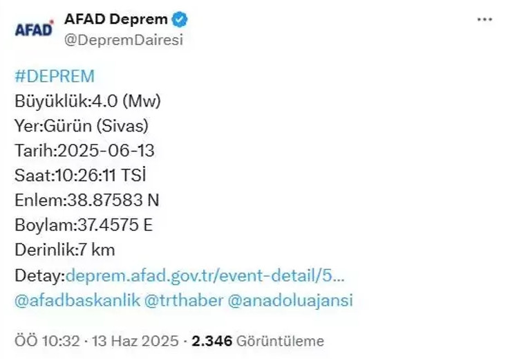 Sivas'ta 4.0 büyüklüğünde deprem