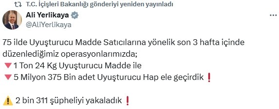 75 ilde 1 ton 24 kilo uyuşturucu ele geçirildi; 2 bin 311 gözaltı