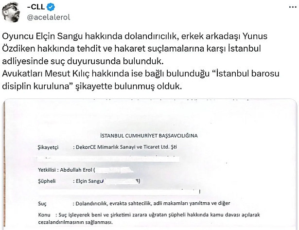 Elçin Sangu'ya dolandırıcılık, sevgilisi Yunus Özdiken’e tehdit ve hakaret davası