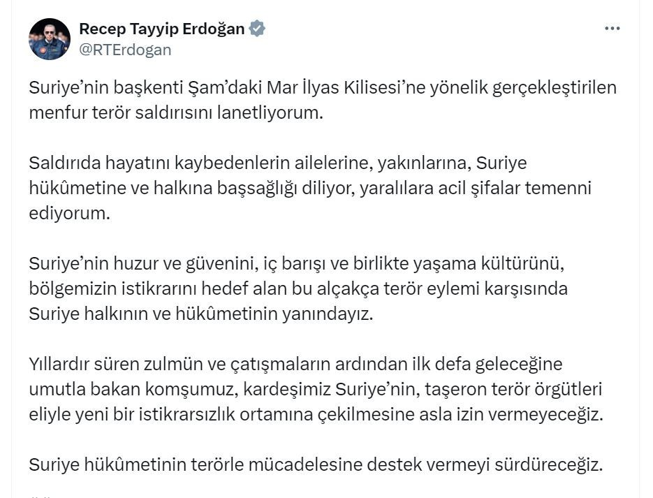 Cumhurbaşkanı Erdoğan'dan Suriye'deki kilise saldırısına tepki