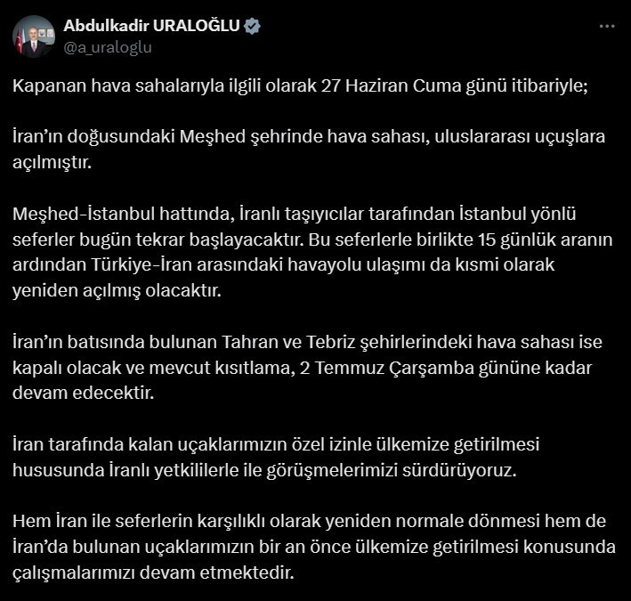 Bakan Uraloğlu: "Meşhed hava sahası, uluslararası uçuşlara açıldı"