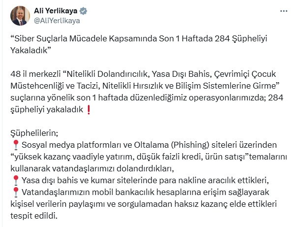 48 ilde siber suç operasyonları: 284 gözaltı