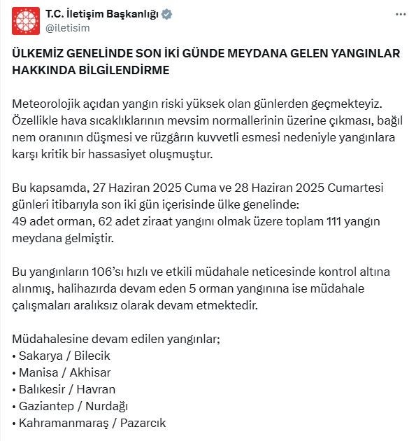 2 günde 111 yangın çıktı, 106'sı kontrol altına alındı