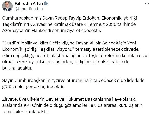 Cumhurbaşkanı Erdoğan, yarın Azerbaycan'a gidecek
