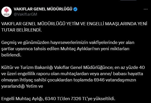 Yetim ve engelli muhtaç aylığı 7 bin 326 TL oldu