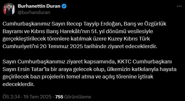 Cumhurbaşkanı Erdoğan, yarın KKTC'ye gidiyor