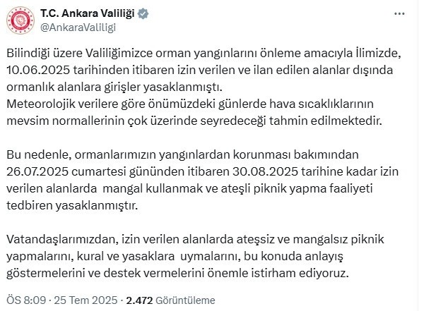 Ankara Valiliği: "30 Ağustos’a kadar ateşli piknik faaliyetleri yasaklanmıştır"