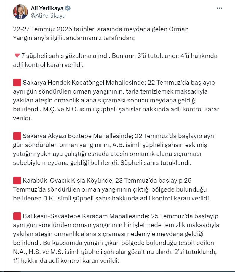 Orman yangınlarında 3 kişi tutuklandı
