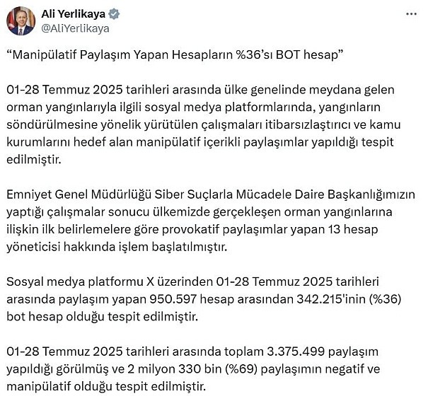 Orman yangınlarına ilişkin provokatif paylaşım yapan 13 hesap hakkında işlem