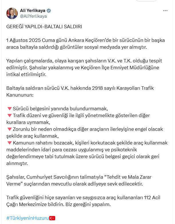Trafikte baltalı saldırı olayında 2 gözaltı