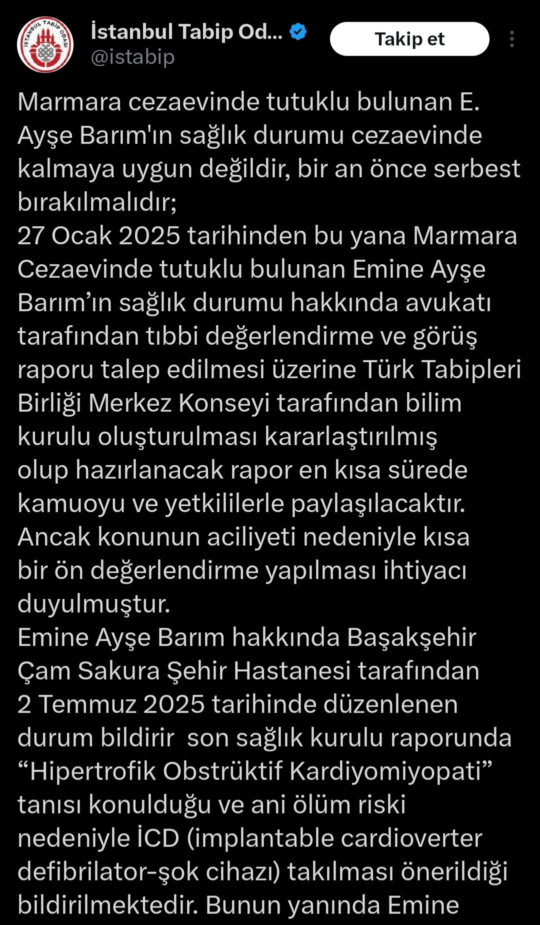 İstanbul Tabip Odası'ndan Ayşe Barım açıklaması: 