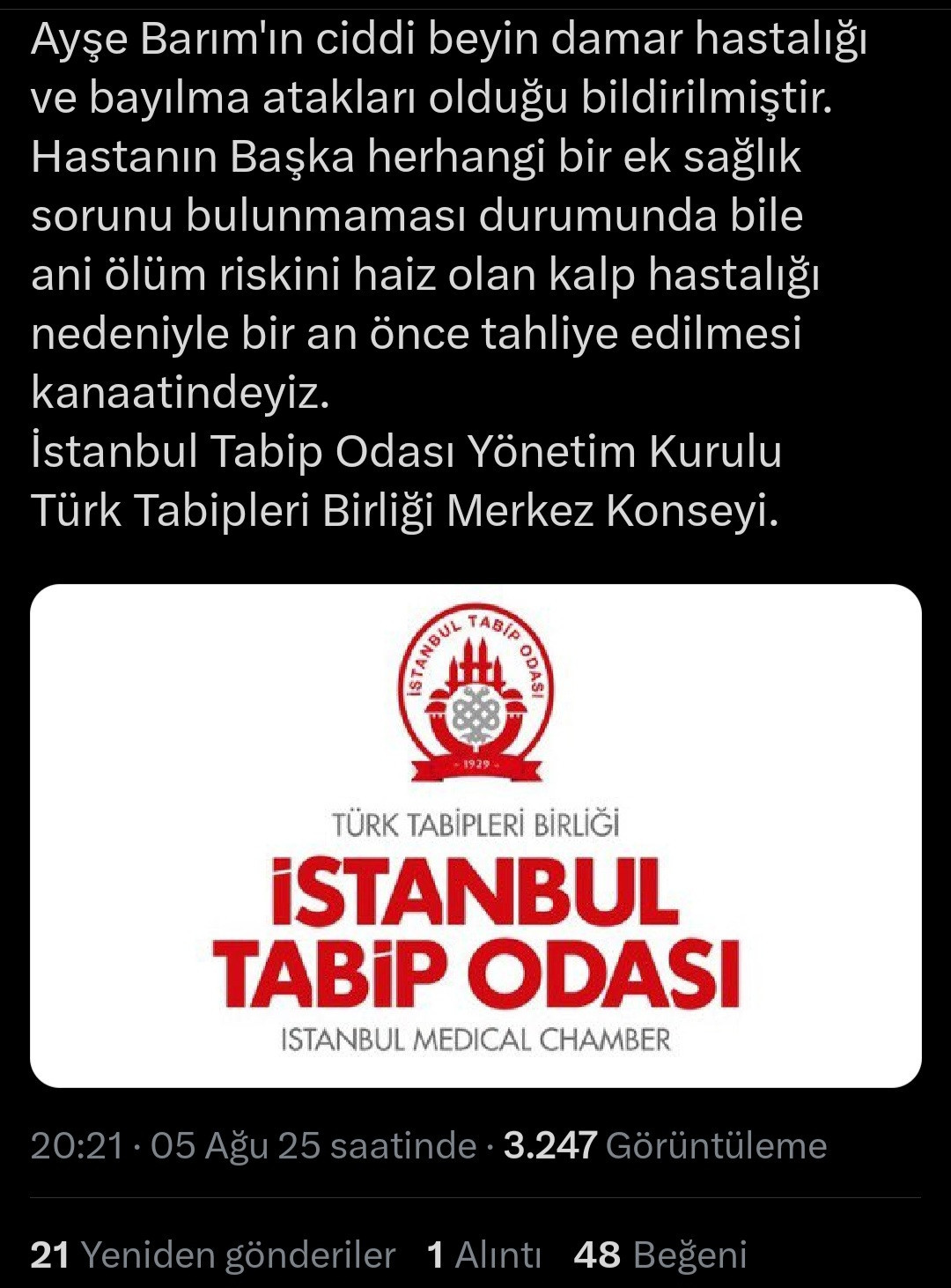 İstanbul Tabip Odası'ndan Ayşe Barım açıklaması: 