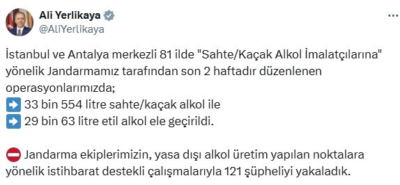 81 ilde kaçak/sahte alkol operasyonu; 121 gözaltı