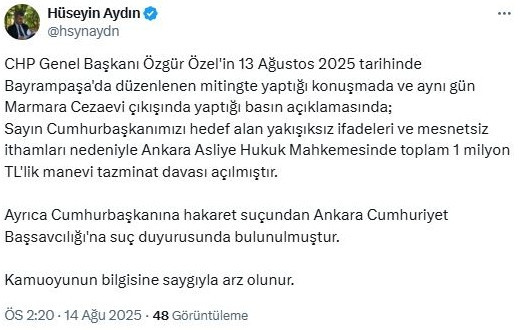 Cumhurbaşkanı Erdoğan'dan, Özgür Özel'e 1 milyon liralık tazminat davası