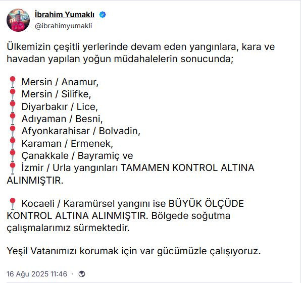 Bakan Yumaklı: "8 ildeki yangınlar kontrol altına alındı"
