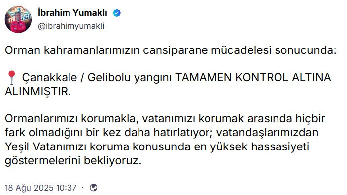 Bakan Yumaklı duyurdu: "Gelibolu yangını kontrol altına alındı"