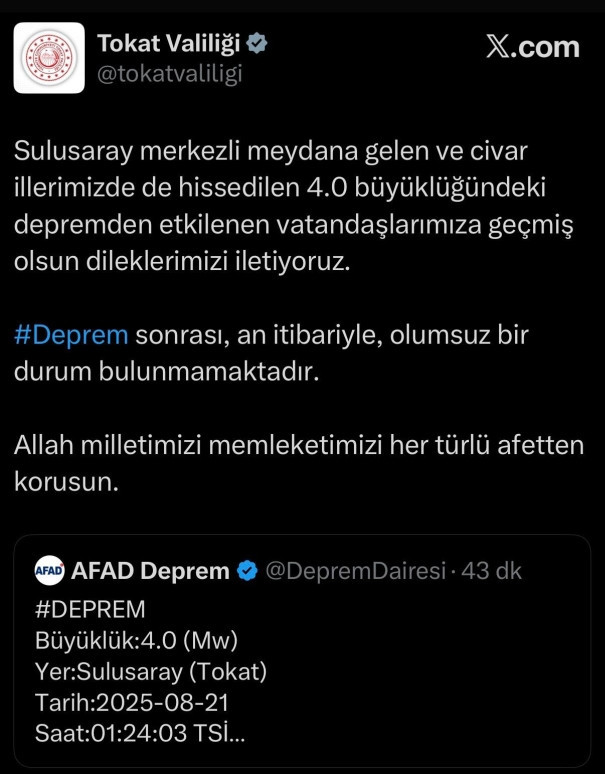 Tokat’ta 4.0 büyüklüğünde deprem