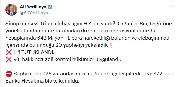 Sinop merkezli 6 ilde suç örgütü operasyonu: 11 tutuklama