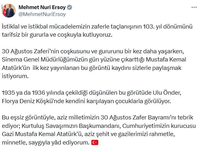 Bakan Ersoy, Ulu Önder Atatürk'ün ilk kez yayınlanan görüntüsünü paylaştı