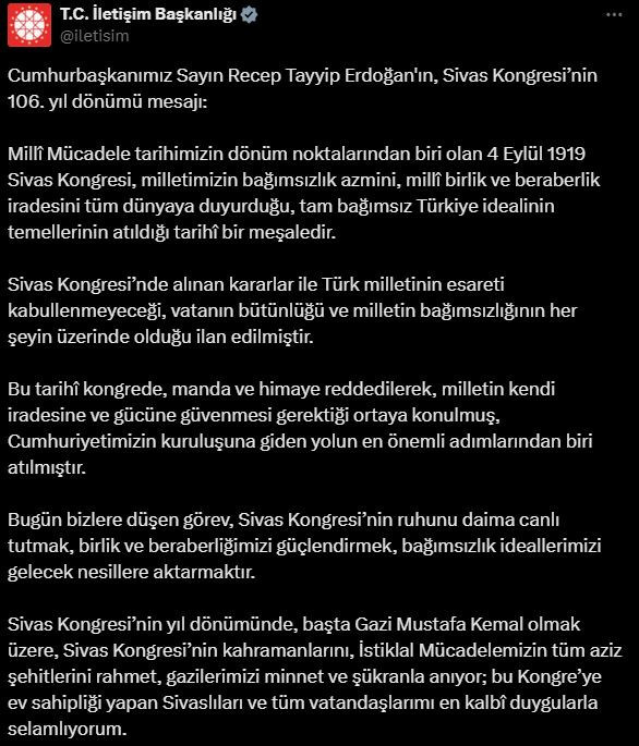 Cumhurbaşkanı Erdoğan'dan Sivas Kongresi mesajı