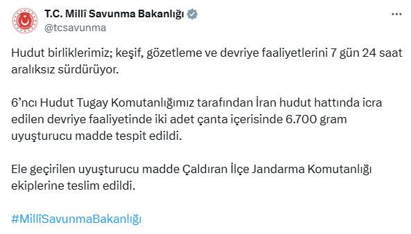 MSB: "İran hudut hattında 6,7 kilo uyuşturucu ele geçirildi"