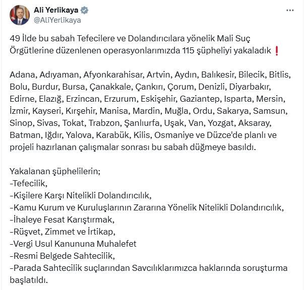 49 ilde mali suç örgütlerine operasyon: 115 gözaltı