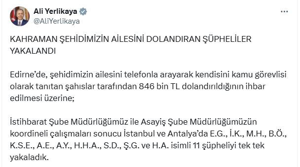 Şehit ailesini dolandıran 11 şüpheli yakalandı