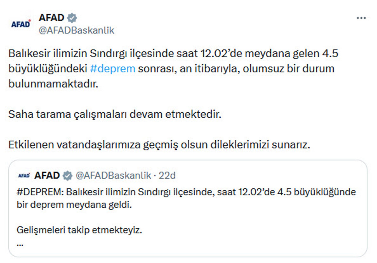 Balıkesir'de 4.5 büyüklüğünde deprem